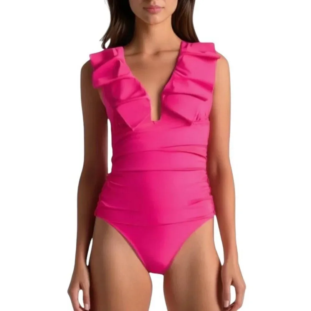 NEW J. Crew Ruched Ruffle One Piece Swimsuit Deep V Neck Size 6 Radiant Fuchsia